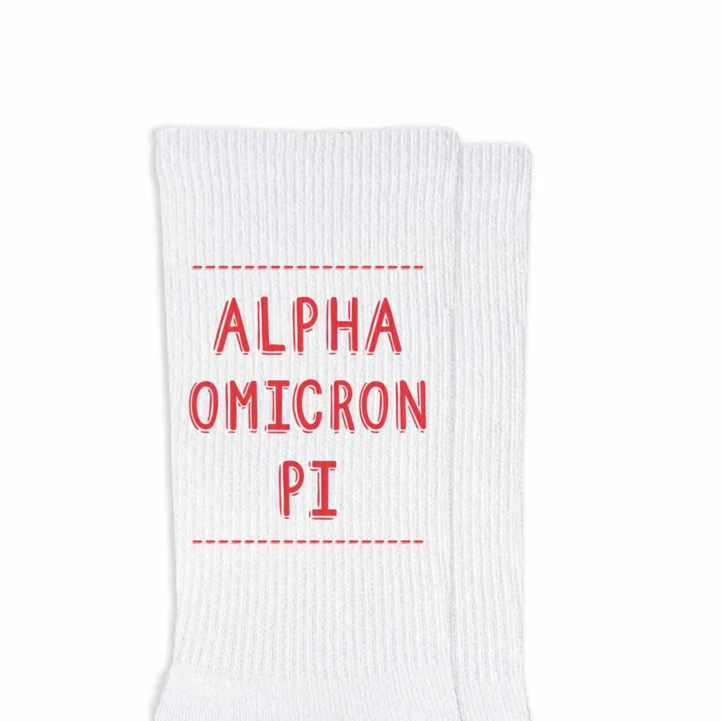 Alpha Omicron Pi Crew Socks with Alpha Omicron Pi Name in Sorority Colors