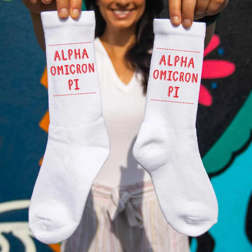 Alpha Omicron Pi Crew Socks with Alpha Omicron Pi Name in Sorority Colors