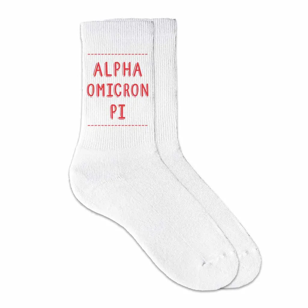 Alpha Omicron Pi Crew Socks with Alpha Omicron Pi Name in Sorority Colors