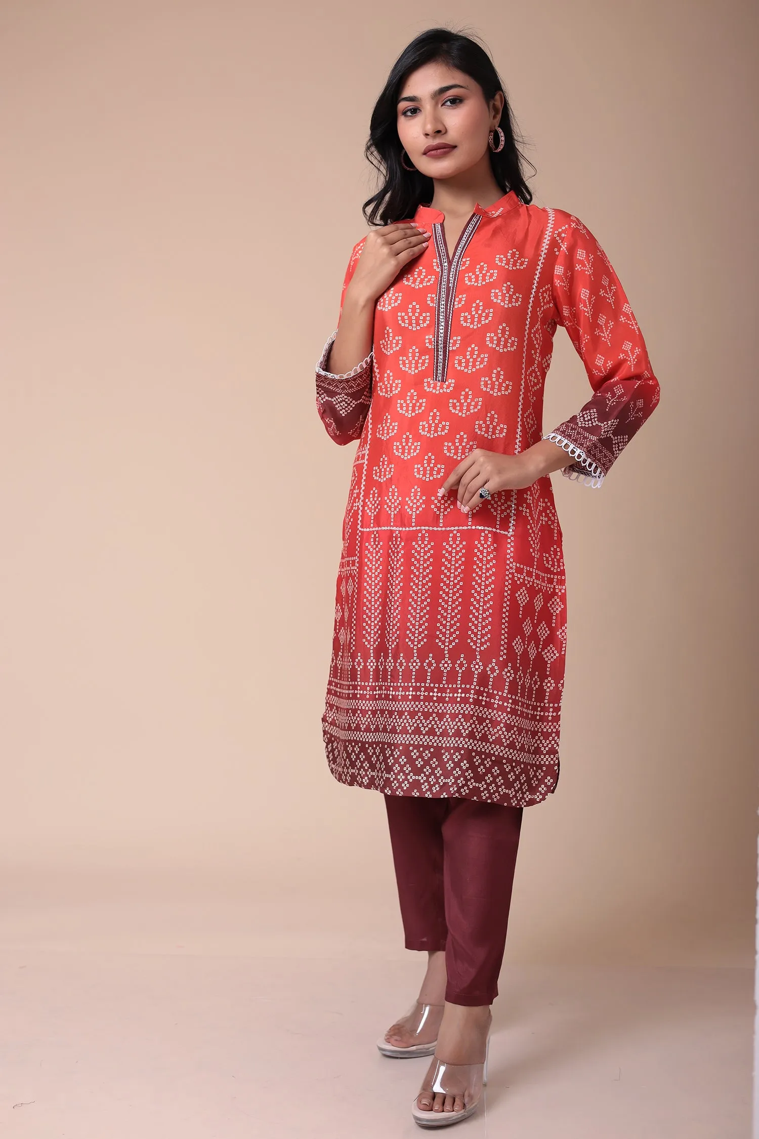 Bandhej Silk Blend Kurta Set with Embroidered work