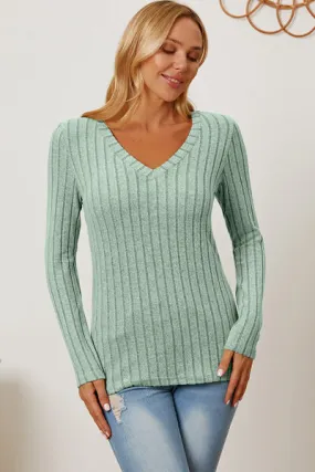 Basic Bae Full Size Ribbed V-Neck Long Sleeve T-Shirt