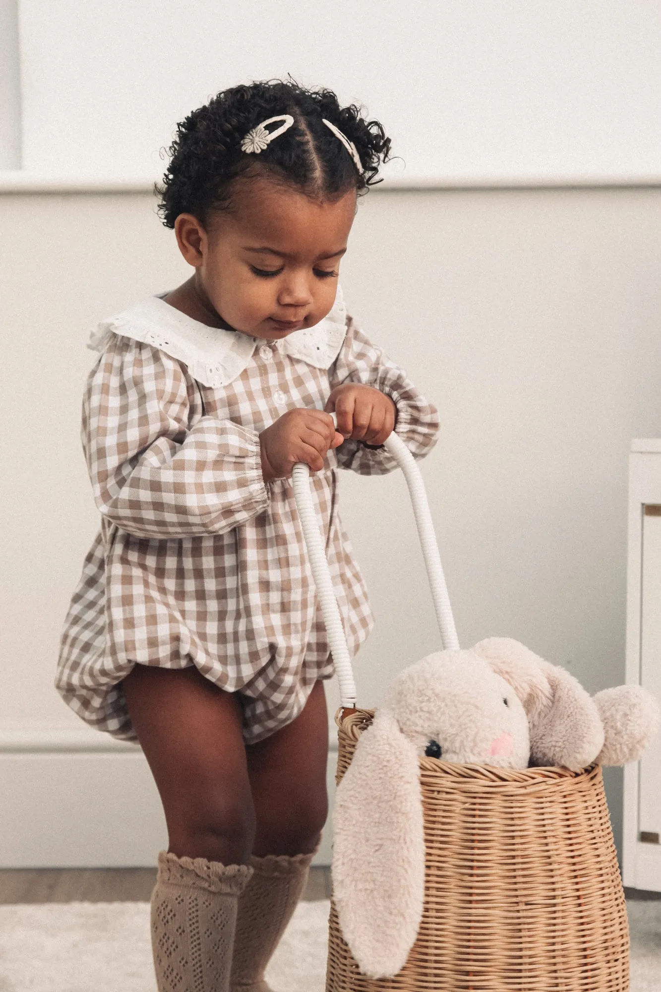 Beige Gingham & White Broderie Collar Romper