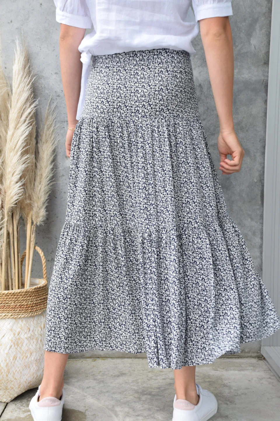 Blazing Navy Ditsy Floral Tiered Midi Skirt