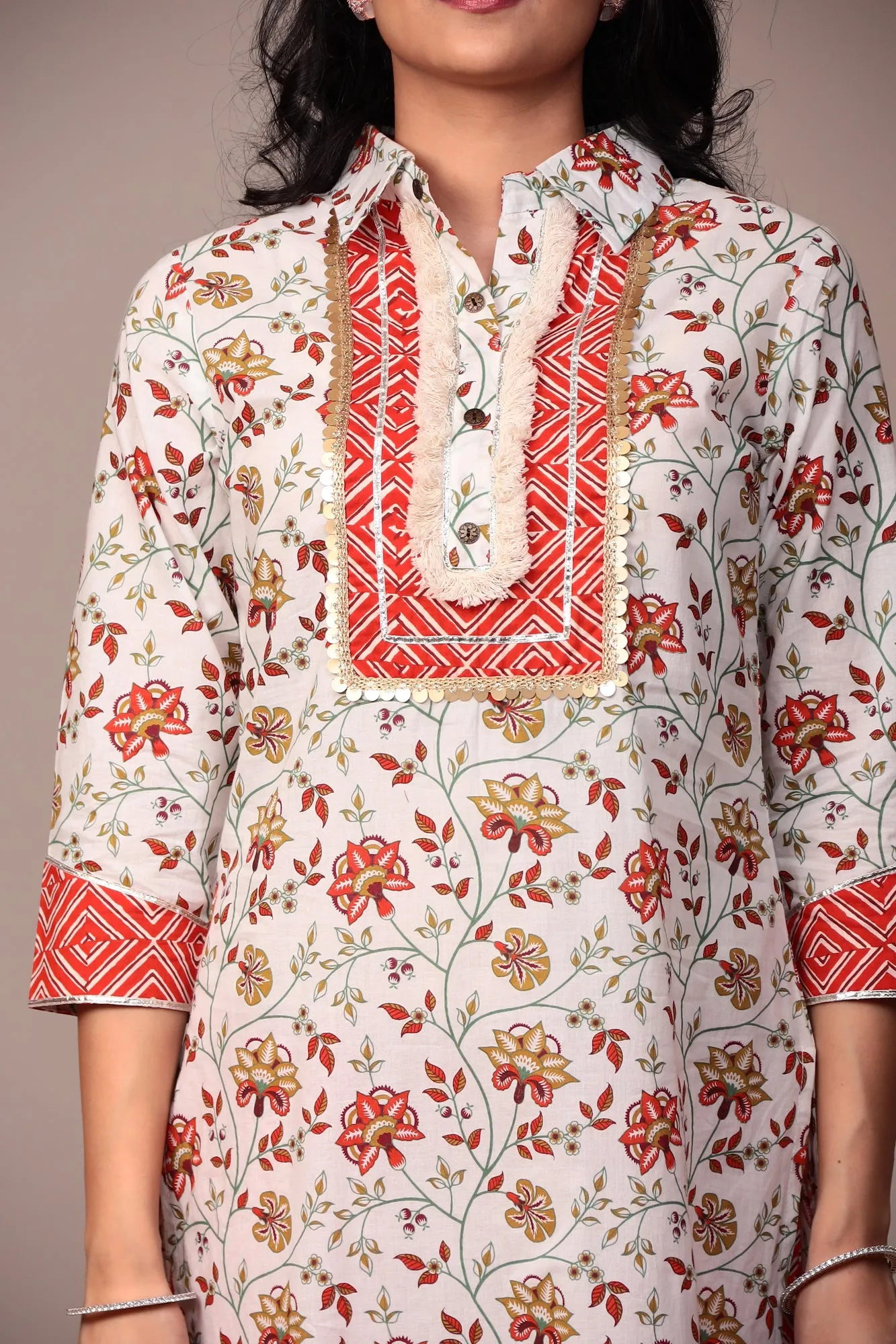 Block Print Cotton Kurta with Gota, Thread work.