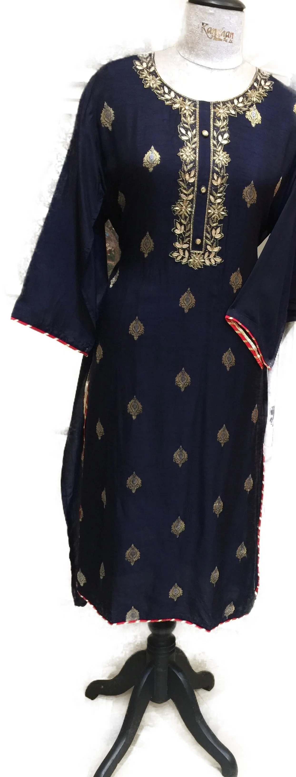 Blue Silk Semi Stitched Suit with Floral Dupatta