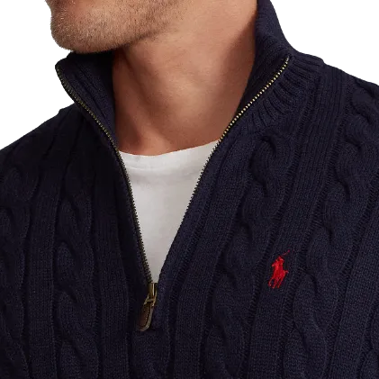 Cable Knit Cotton Zip Collar Pullover - Hunter Navy