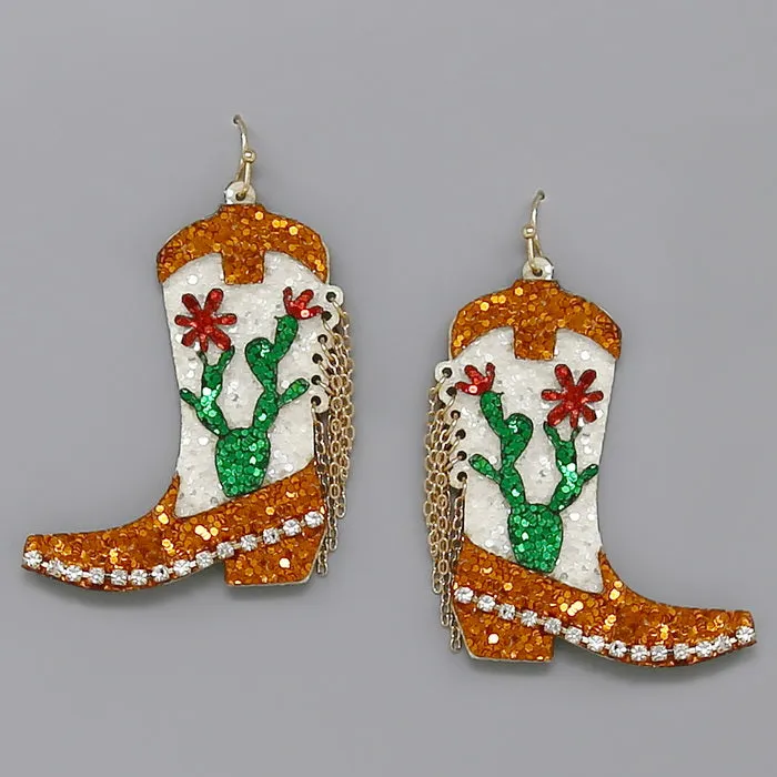 Cowgirl Boots Glitter Drop Earrings