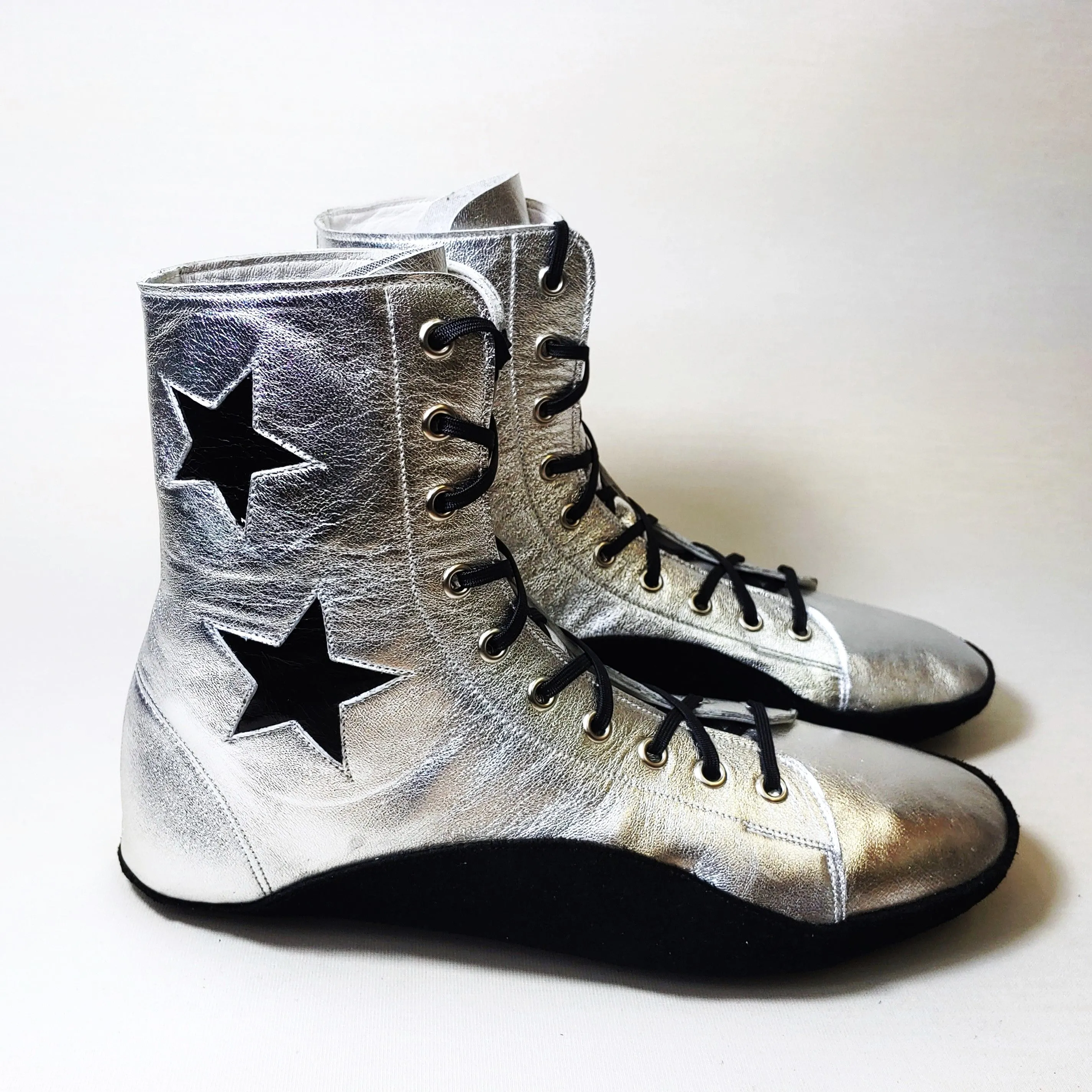 CUSTOM MADE Silver Tightrope Boots w/ 2 Black Stars