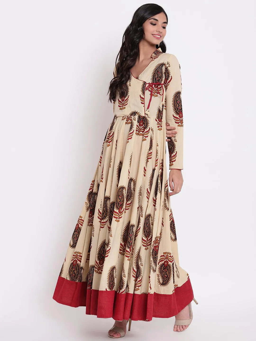 Divena Cream Floor Length Cotton Anarkali Kurti