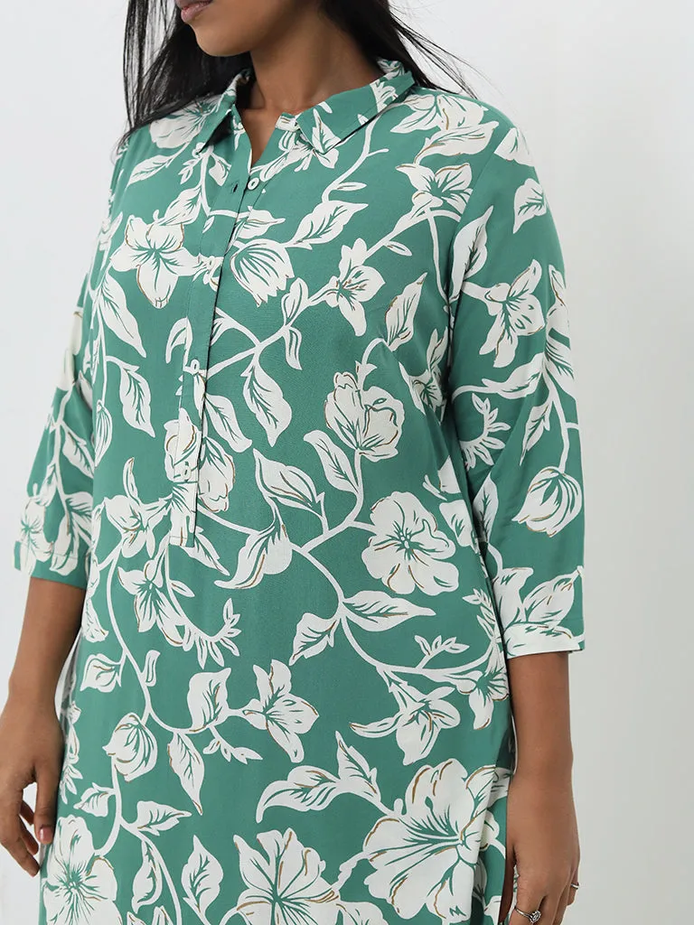 Diza Green Floral Pattern A-Line Cotton Kurta