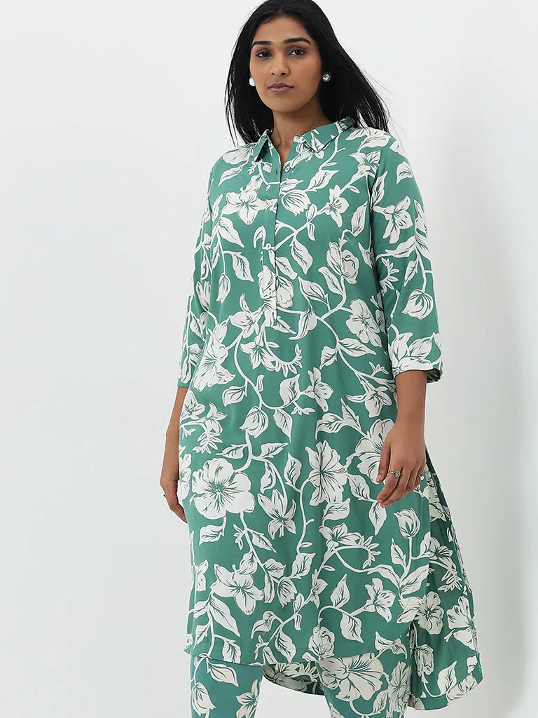 Diza Green Floral Pattern A-Line Cotton Kurta