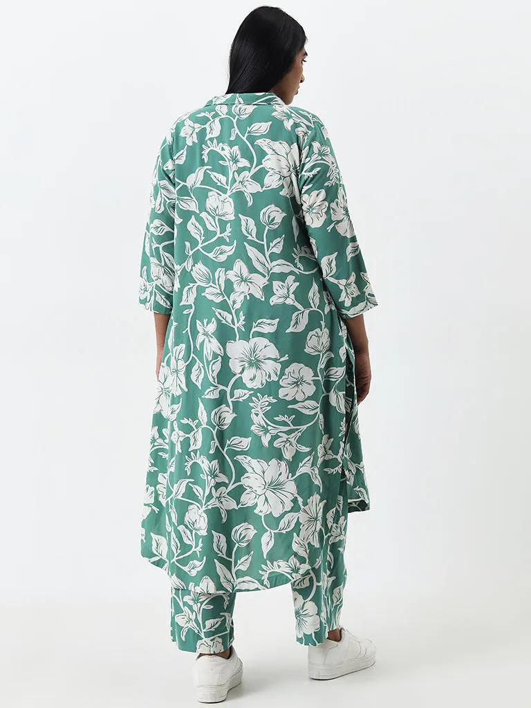 Diza Green Floral Pattern A-Line Cotton Kurta