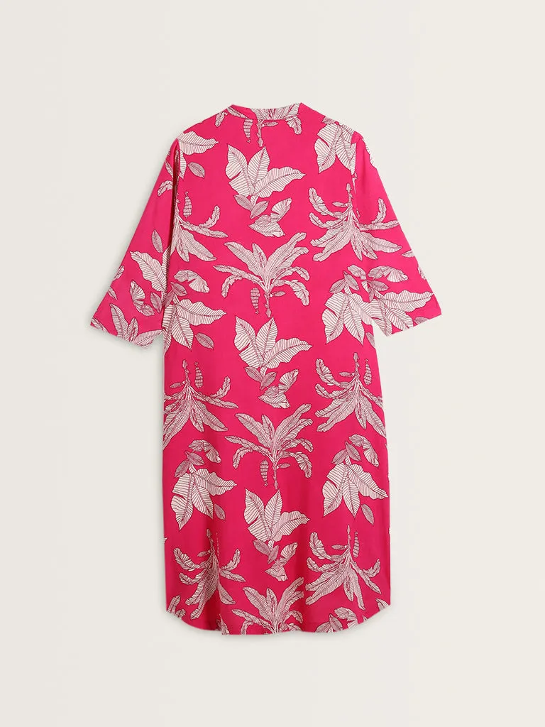 Diza Magenta Foliage Printed A-Line Cotton Kurta