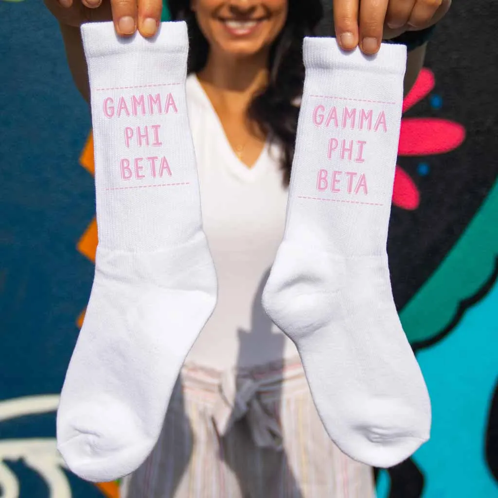 Gamma Phi Beta Crew Socks with Gamma Phi Beta Name in Sorority Colors