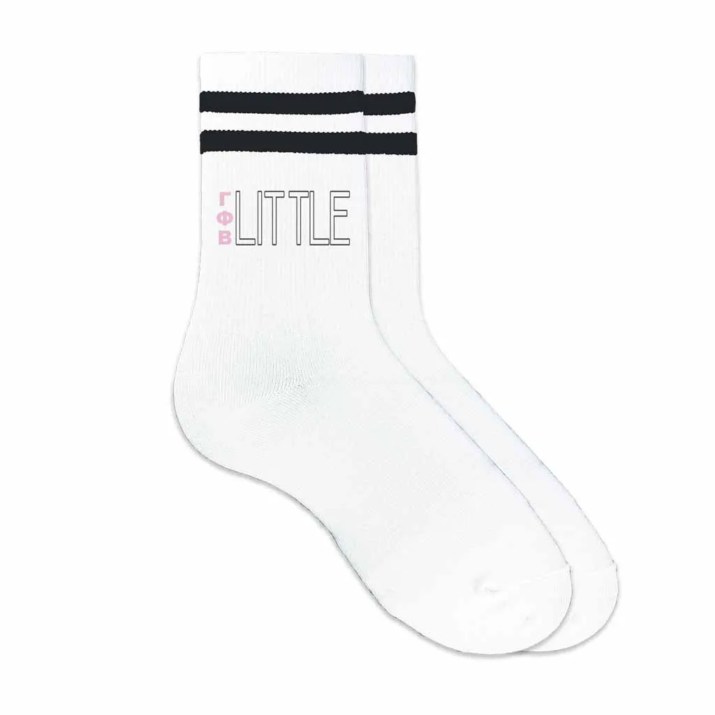 Gamma Phi Beta Sorority Socks for your Big and Little with Greek Letters on Striped Cotton Crew Socks