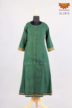 Girls Green Hand Block Lotus Printed Kurti