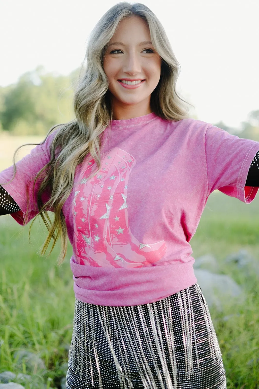 Hot Pink Glitter Western Tee