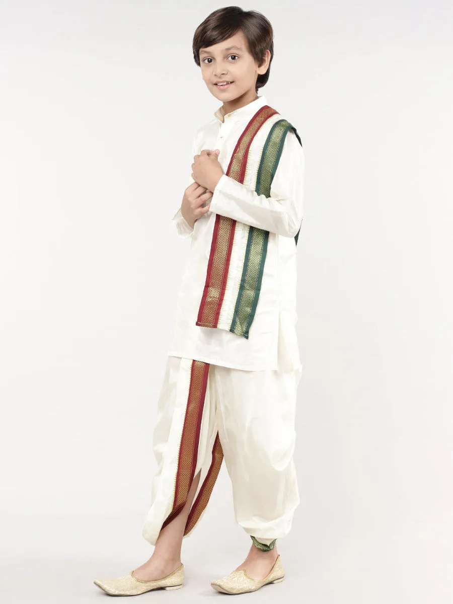 Like Father Like Son Cream Kurta and Mayilkhan Border Cream Panchakacham & Towel Set