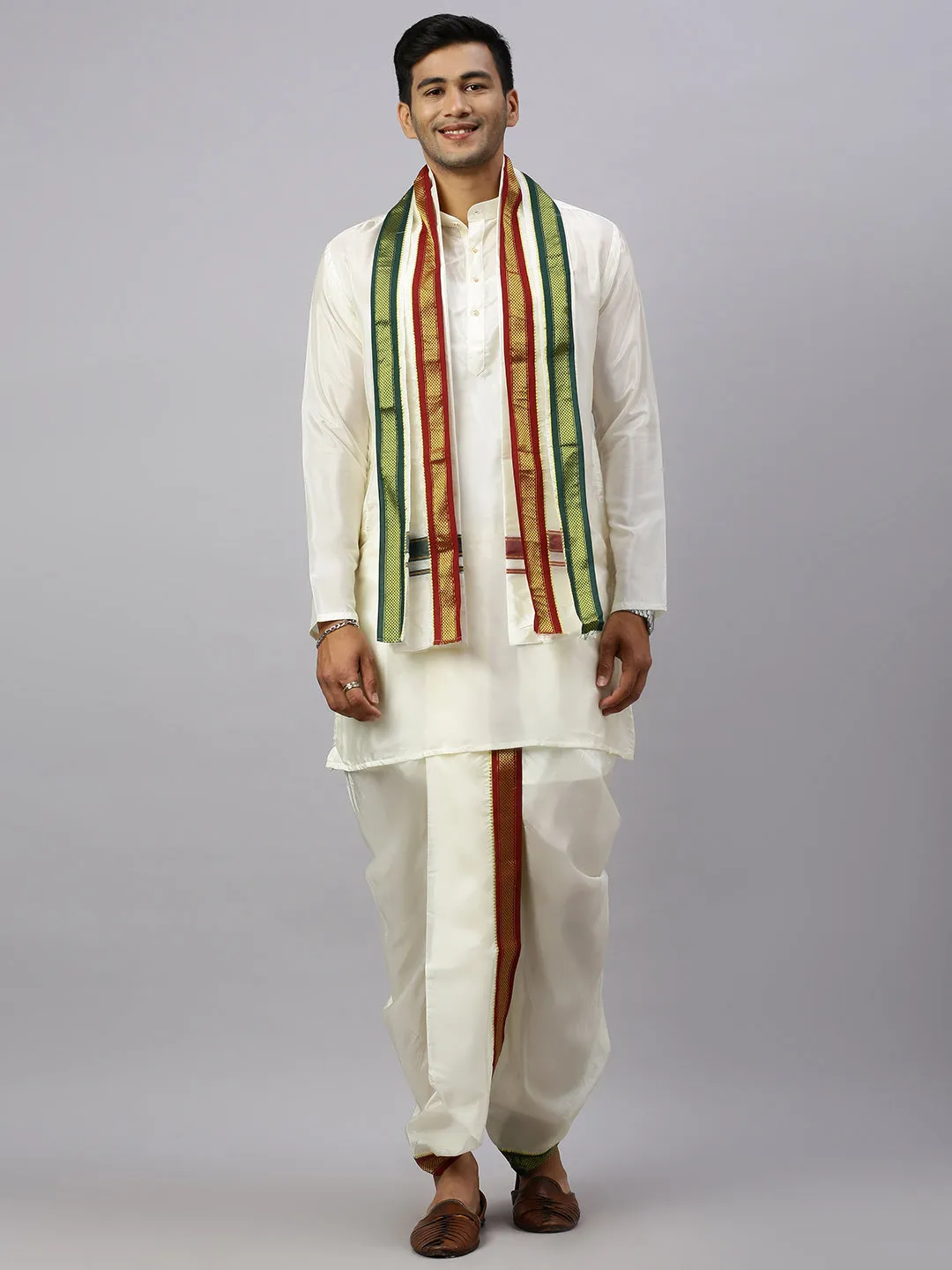 Like Father Like Son Cream Kurta and Mayilkhan Border Cream Panchakacham & Towel Set