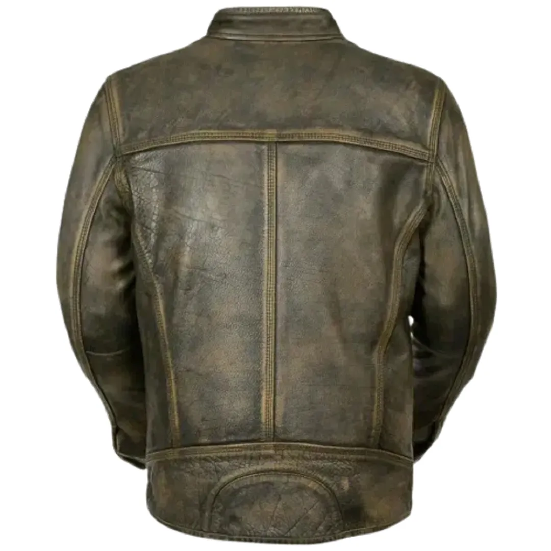 Mens Distressed Waxed Vintage Retro Motorcycle Cafe Racer Leather Jacket