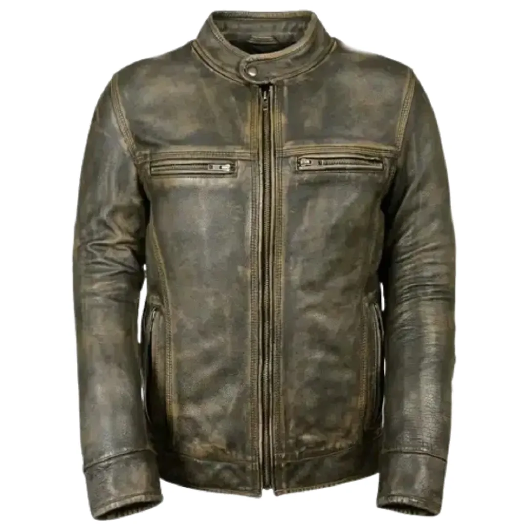 Mens Distressed Waxed Vintage Retro Motorcycle Cafe Racer Leather Jacket