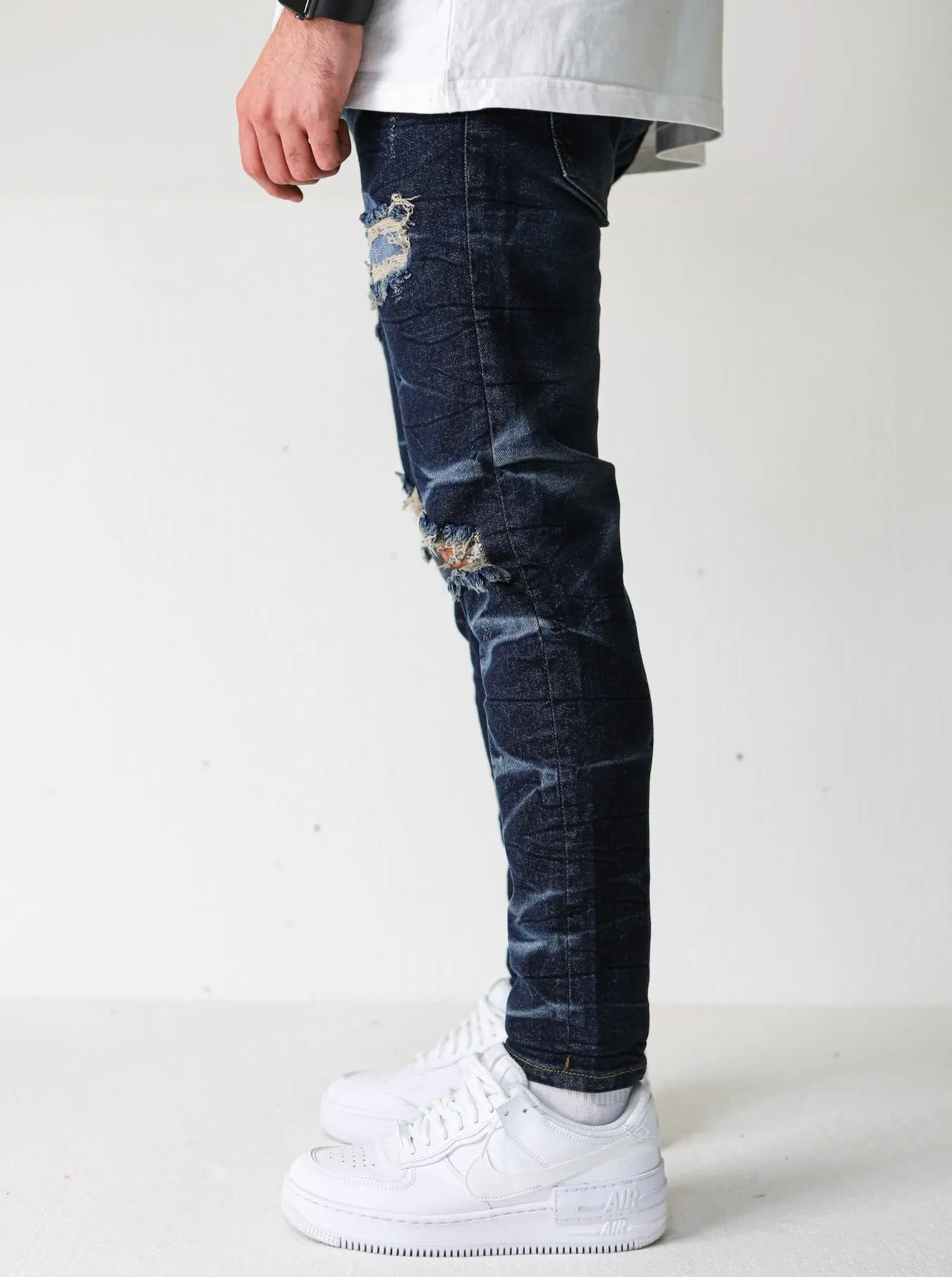 Premium Dark Blue Destroyed Wave Jeans