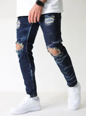 Premium Dark Blue Destroyed Wave Jeans