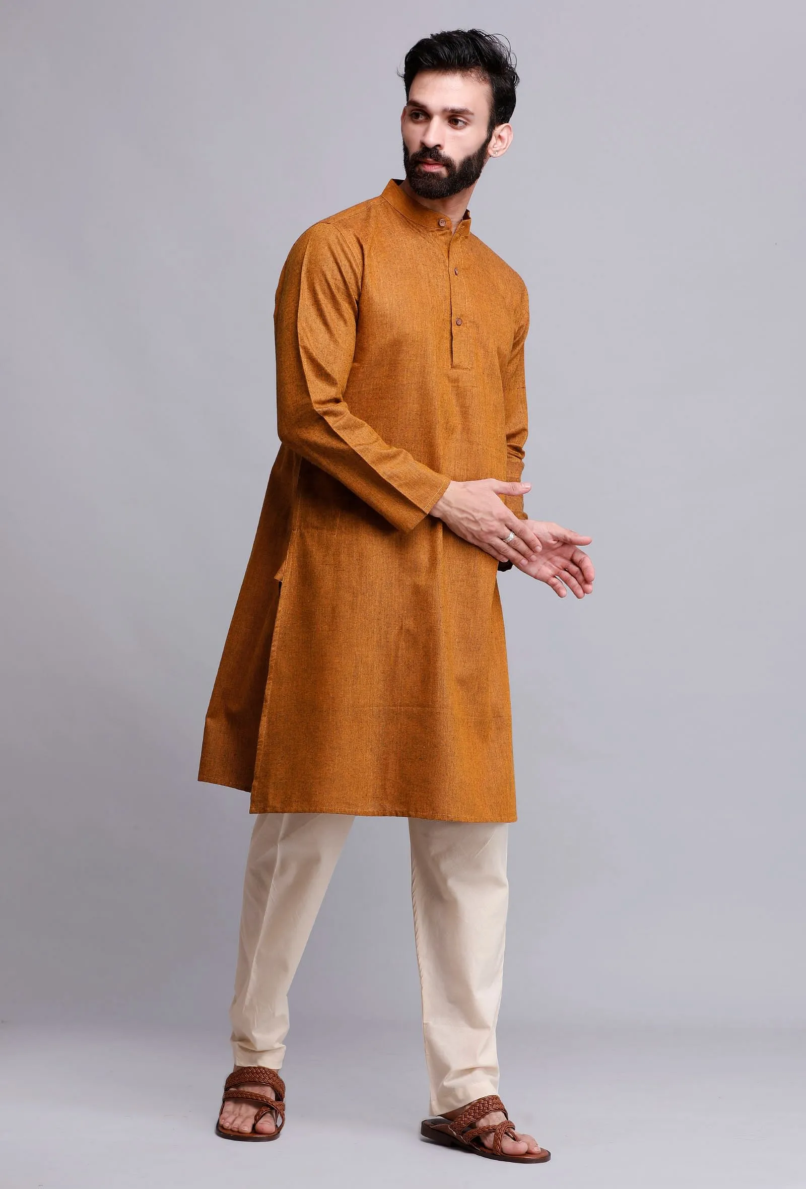 Set of 2: Caramel Brown Cotton Kurta and Pajama