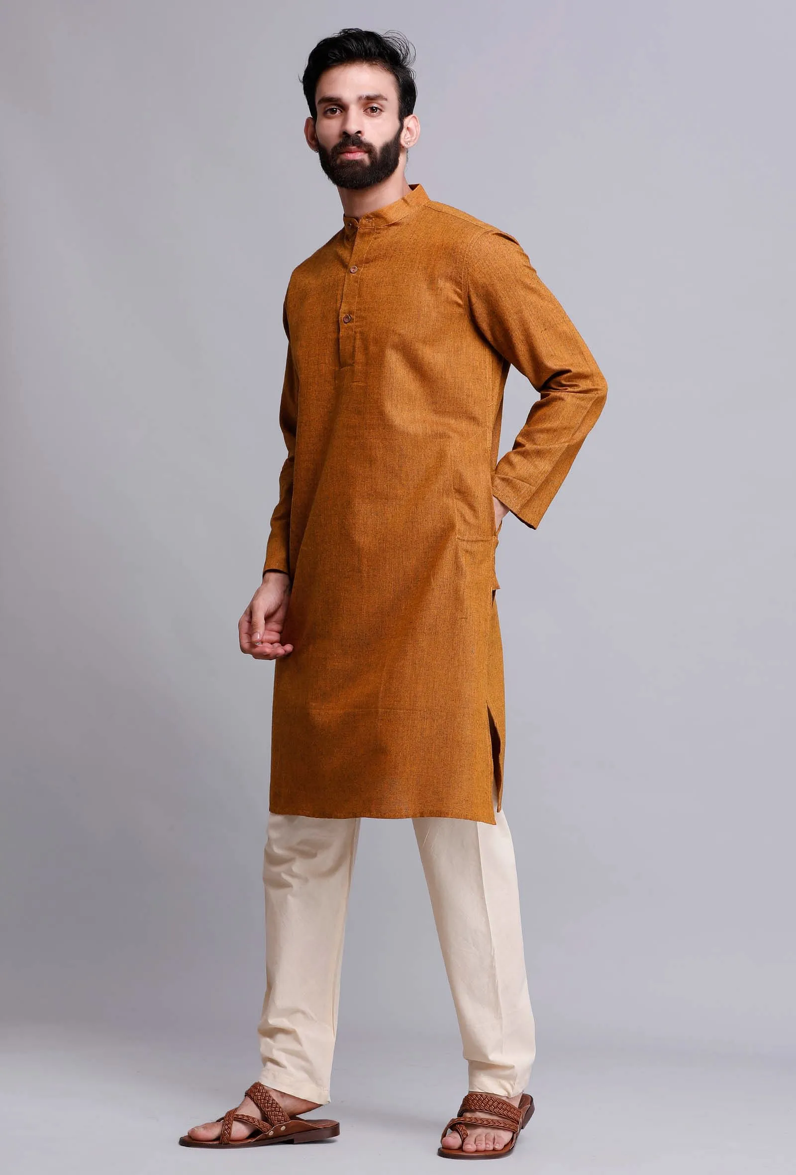 Set of 2: Caramel Brown Cotton Kurta and Pajama