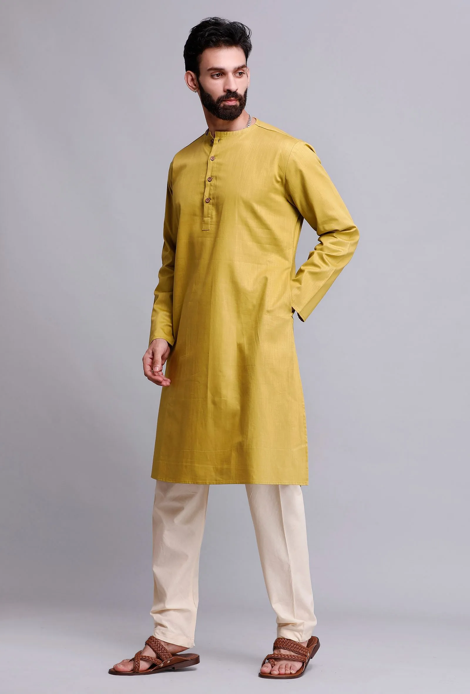 Set of 2: Gold Yellow Cotton Kurta Pajama Set