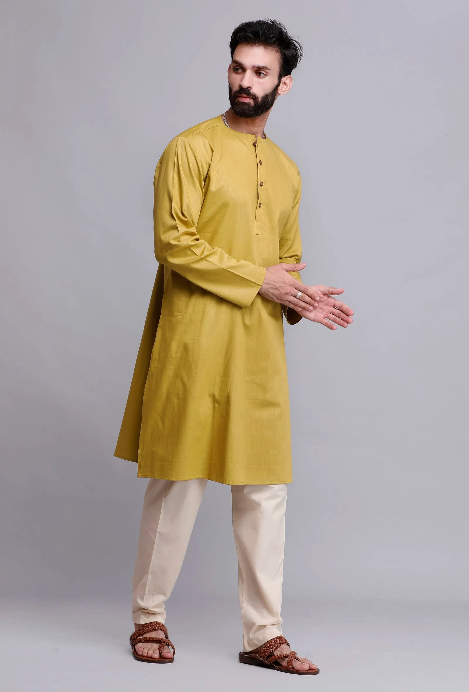 Set of 2: Gold Yellow Cotton Kurta Pajama Set