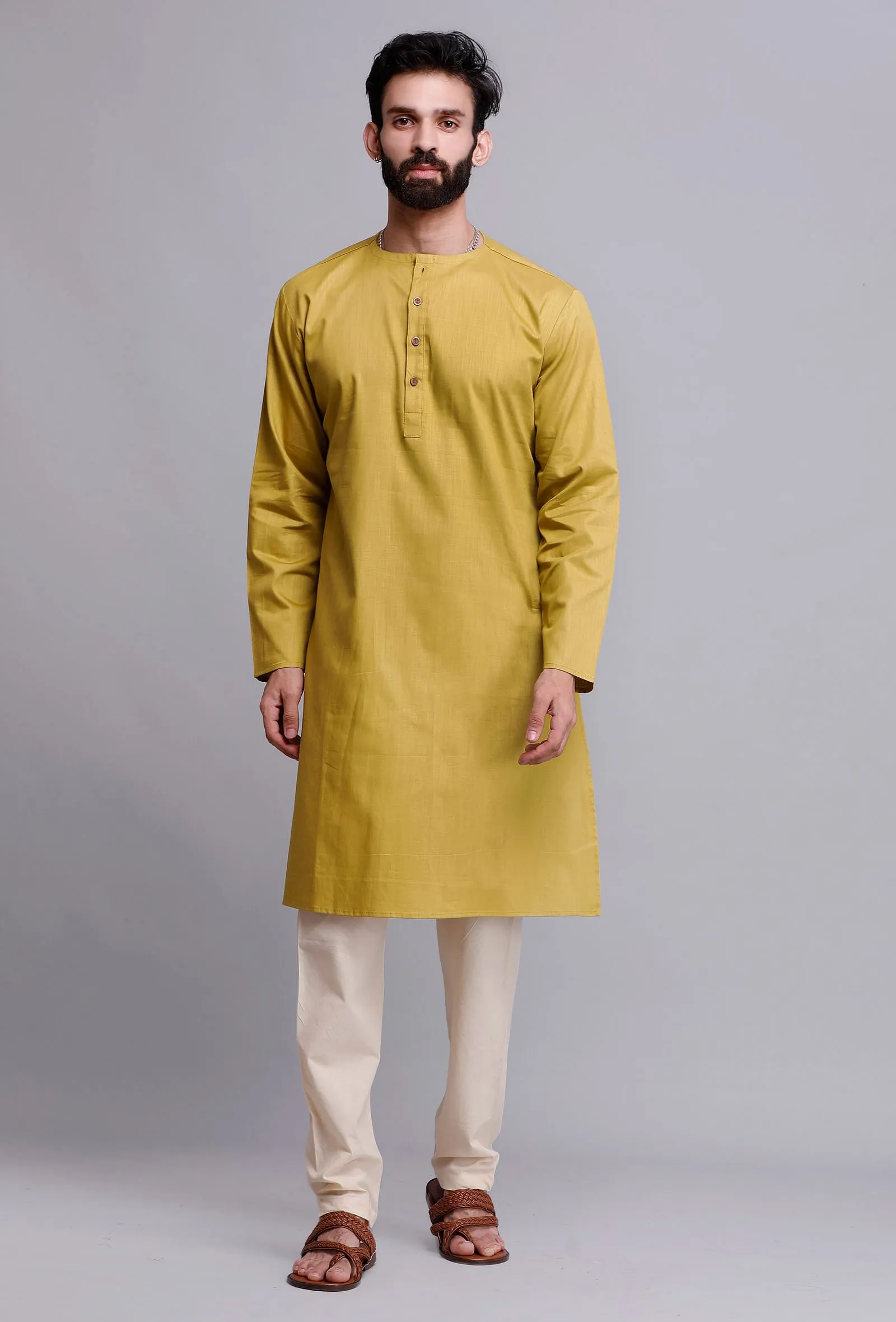 Set of 2: Gold Yellow Cotton Kurta Pajama Set