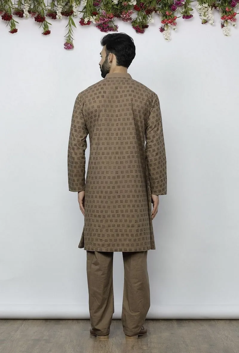 Set of 2: Mud Brown Cotton Block Print Kurta and Pyjama