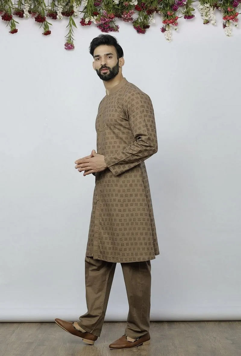 Set of 2: Mud Brown Cotton Block Print Kurta and Pyjama