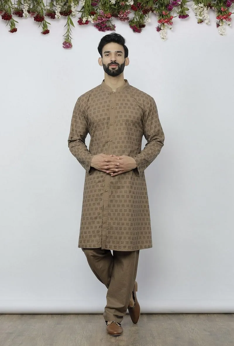 Set of 2: Mud Brown Cotton Block Print Kurta and Pyjama