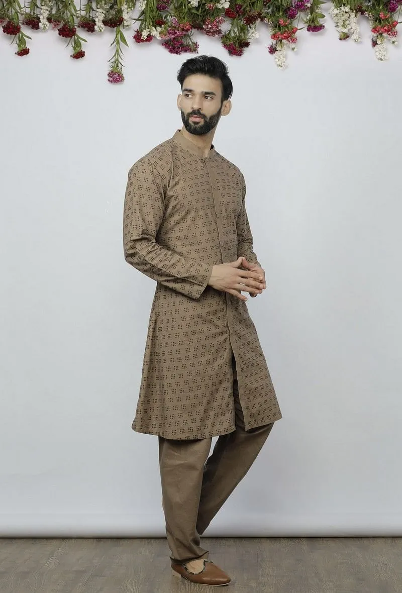 Set of 2: Mud Brown Cotton Block Print Kurta and Pyjama