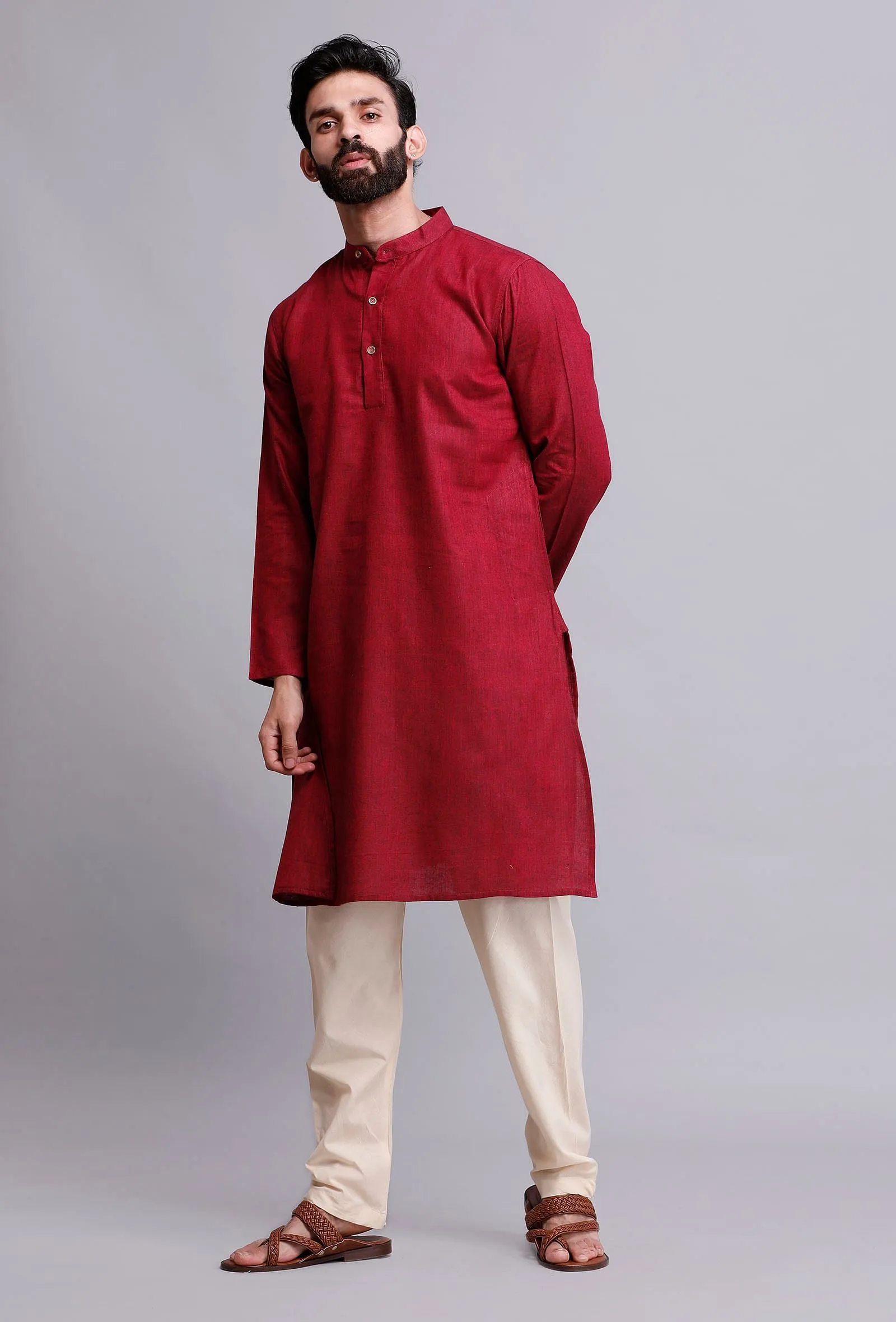 Set of 2: Wine Red Cotton Kurta and Pajama