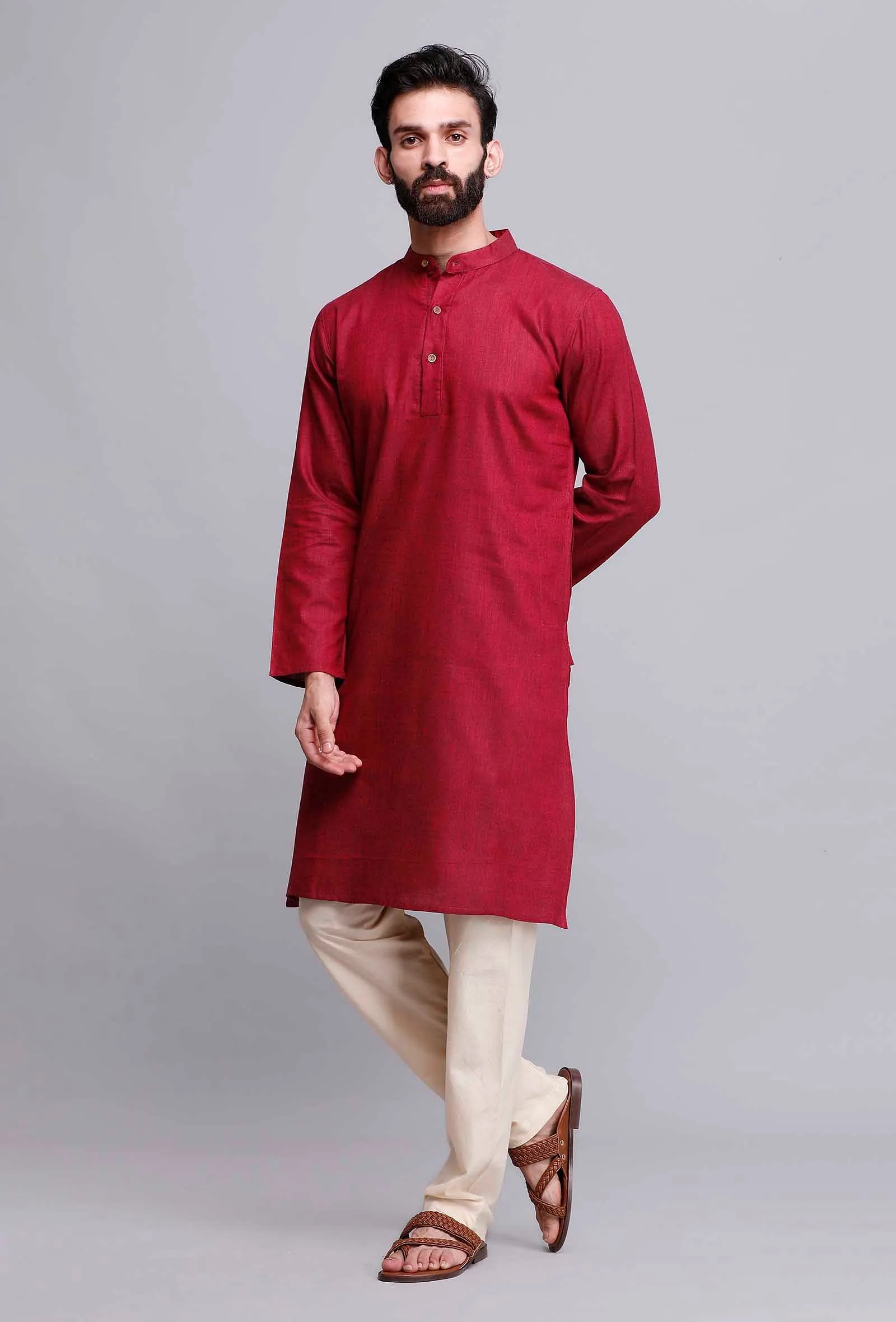 Set of 2: Wine Red Cotton Kurta and Pajama