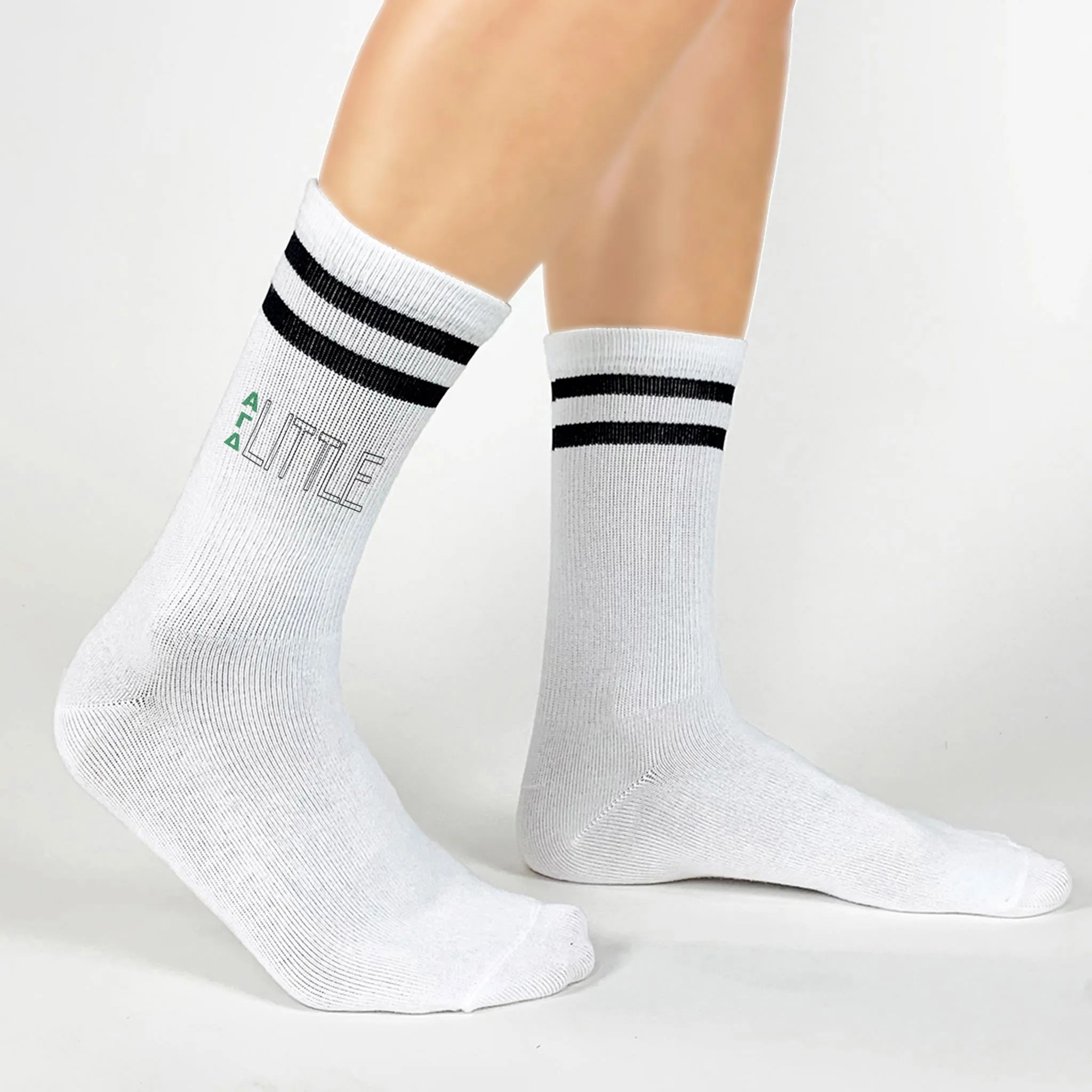 Sorority Socks for your LITTLE with Greek Letters on Striped Cotton Crew Socks