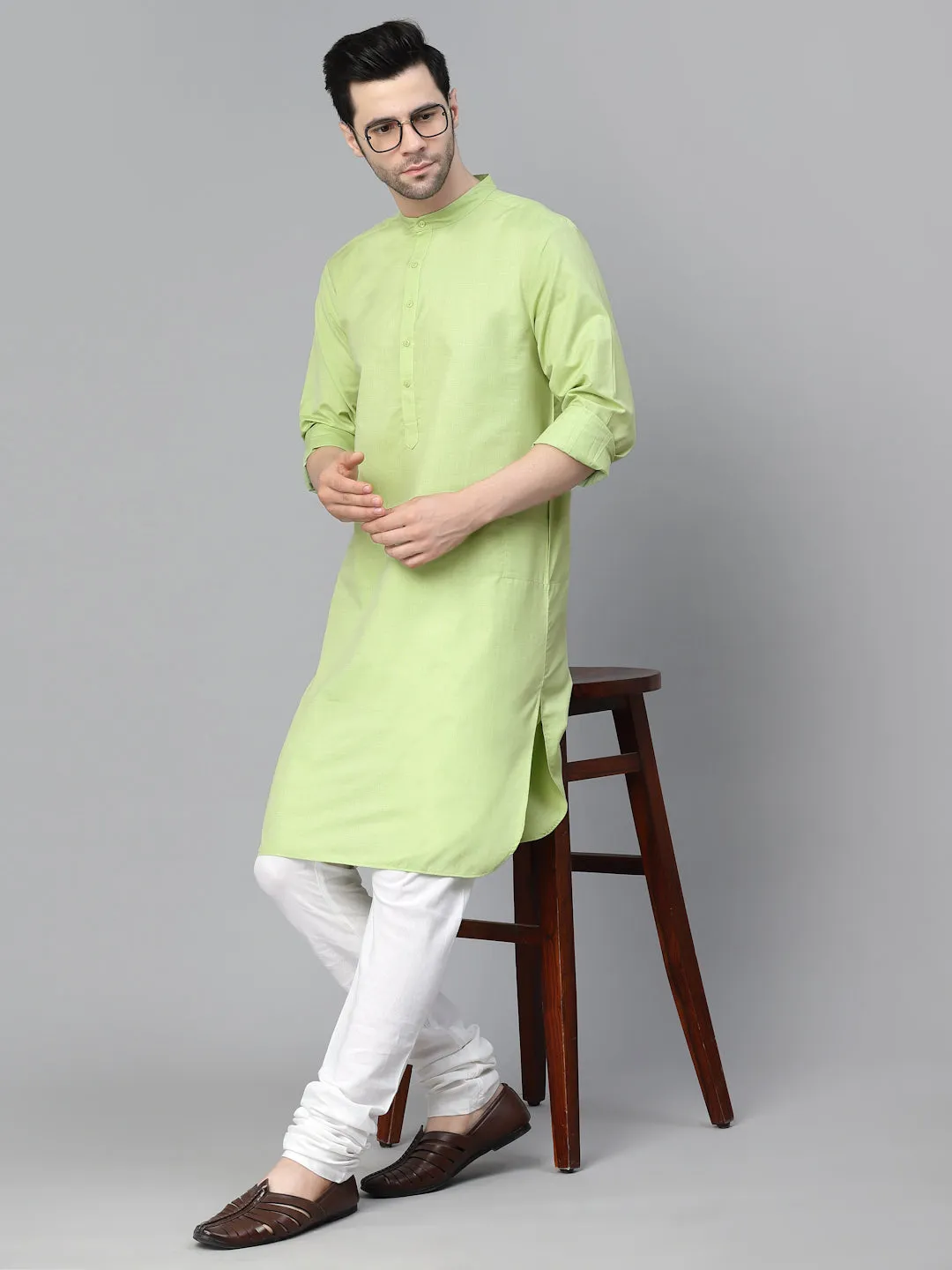 Style Quotient Mens Green Solid Kurtas