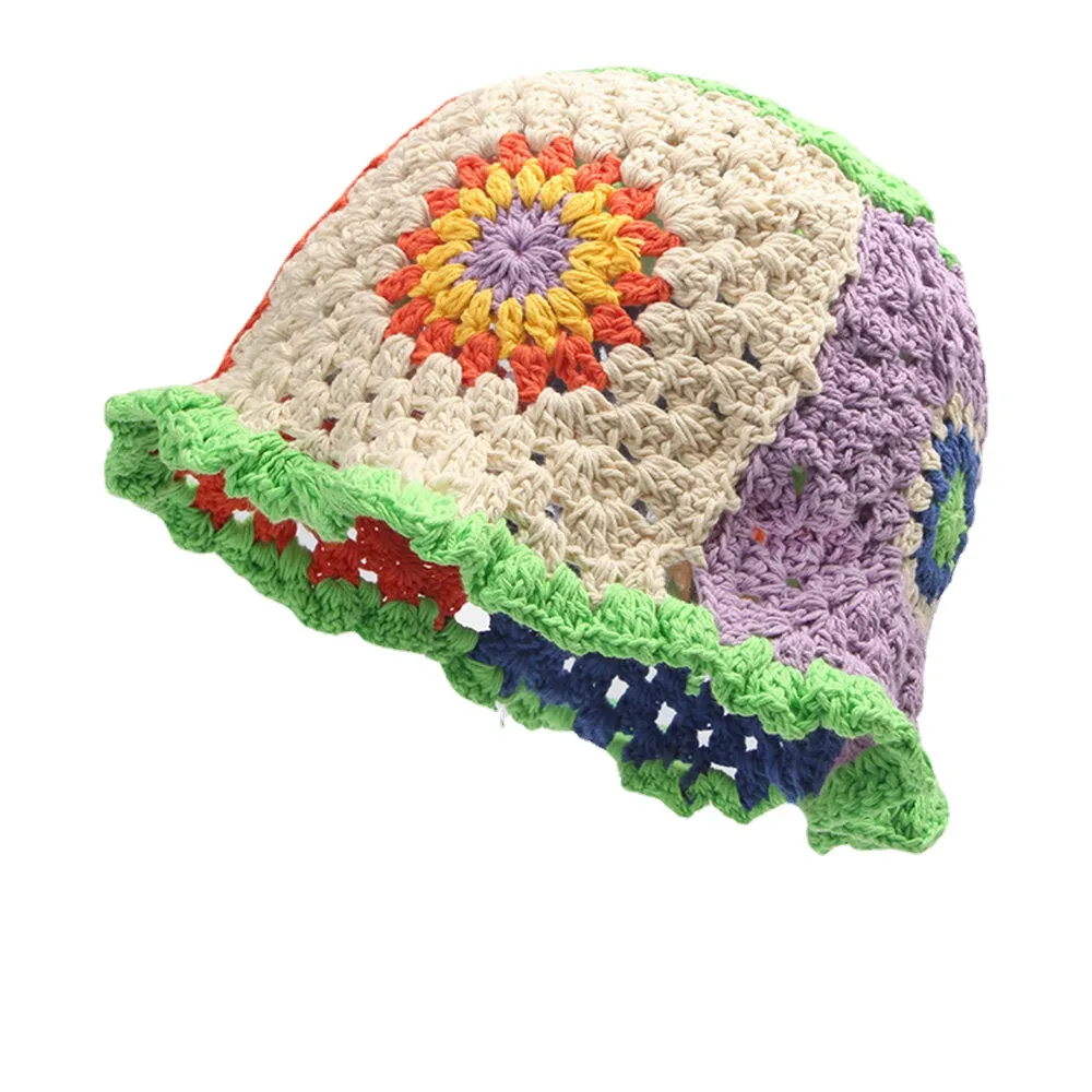 Women Sun Pattern Hollow Rainbow Knitted Baotou Cap Summer Breathable Bucket Hat