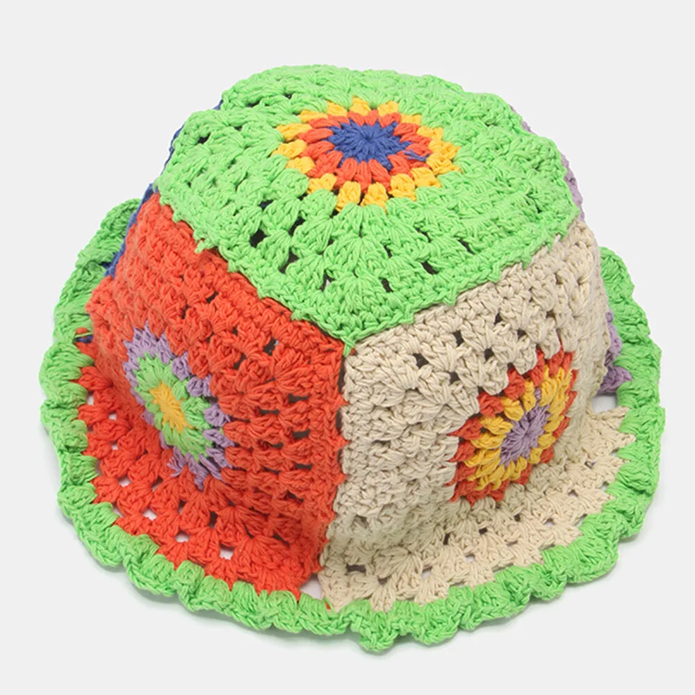 Women Sun Pattern Hollow Rainbow Knitted Baotou Cap Summer Breathable Bucket Hat